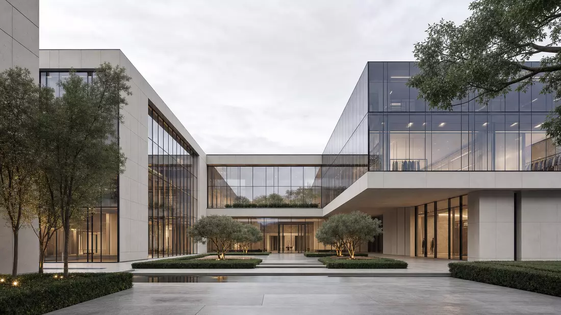 3D-Render eines modernen Glas- und Steingebäudes mit Innenhof in Mailand
