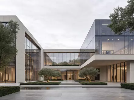 Moncler S.p.A. (IT0004965148) präsentiert ein modernes Architektur-Rendering eines minimalistischen Firmensitzes in Mailand - Foto: THN