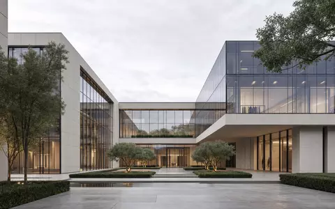 Moncler S.p.A. (IT0004965148) präsentiert ein modernes Architektur-Rendering eines minimalistischen Firmensitzes in Mailand - Foto: THN