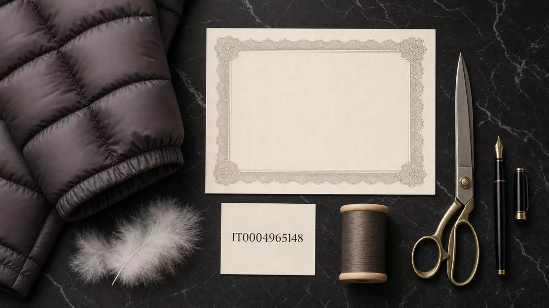 Flatlay mit Aktienzertifikat, Karte mit ISIN-Nummer, Feder und Jackenstoff auf Marmor