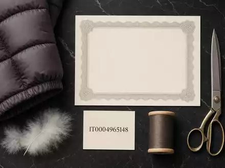 Moncler S.p.A. (IT0004965148) arrangiert ein Flatlay mit Aktienzertifikat, ISIN-Karte und feinem Daunenjackenstoff - Foto: THN