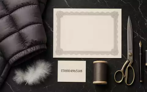 Moncler S.p.A. (IT0004965148) arrangiert ein Flatlay mit Aktienzertifikat, ISIN-Karte und feinem Daunenjackenstoff - Foto: THN