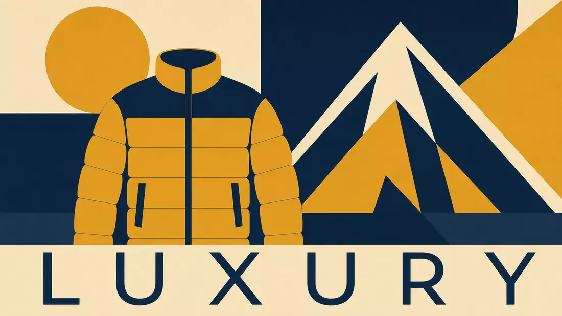 Geometrisches Bauhaus-Poster mit stilisierter Daunenjacke und Bergform samt Schriftzug