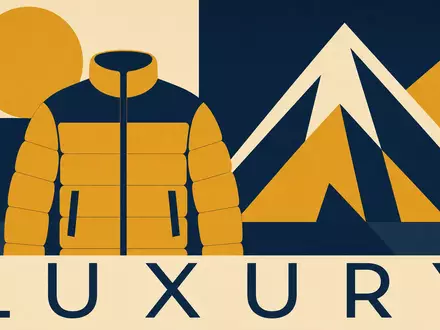 Moncler S.p.A. (IT0004965148) gestaltet ein geometrisches Bauhaus-Poster mit stilisierter Daunenjacke und Bergsilhouette - Foto: THN