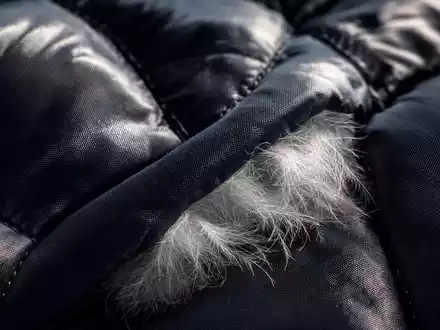 Moncler S.p.A. (IT0004965148) fokussiert in Makroaufnahme den gesteppten Stoff und die feinen Daunenfedern der Jacke - Foto: THN