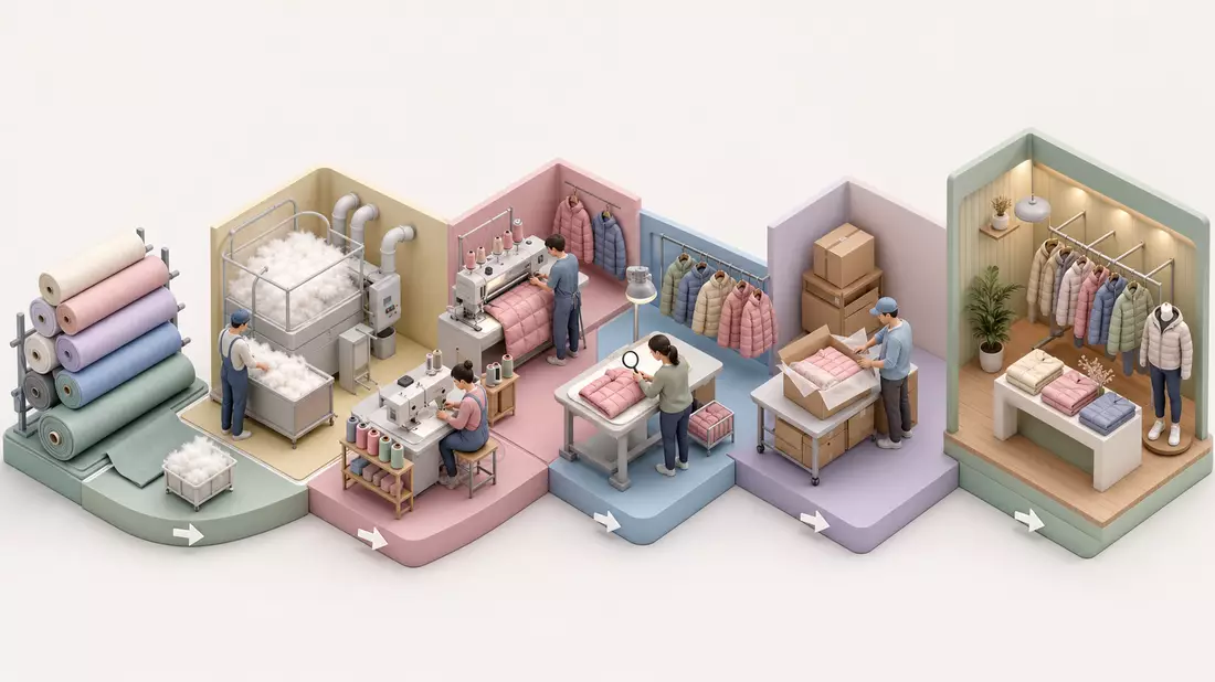 Isometrisches 3D-Diagramm der Produktionsschritte von Stoffrolle bis Boutique