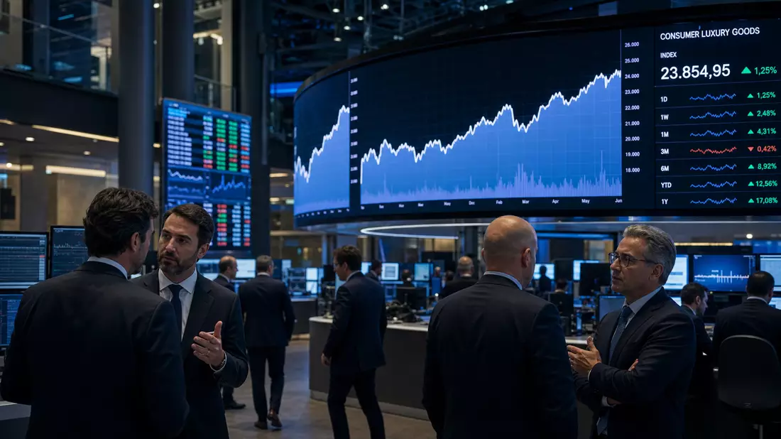 Trading-Floor mit Händlern und Bildschirmen mit Konsumgüter-Sektorindex-Charts