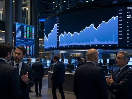 Moncler S.p.A. (IT0004965148) zeigt ein Börsen-Editorial mit Trading-Floor und Luxusgüter-Sektorcharts in Mailand - Foto: THN