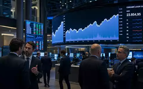 Moncler S.p.A. (IT0004965148) zeigt ein Börsen-Editorial mit Trading-Floor und Luxusgüter-Sektorcharts in Mailand - Foto: THN
