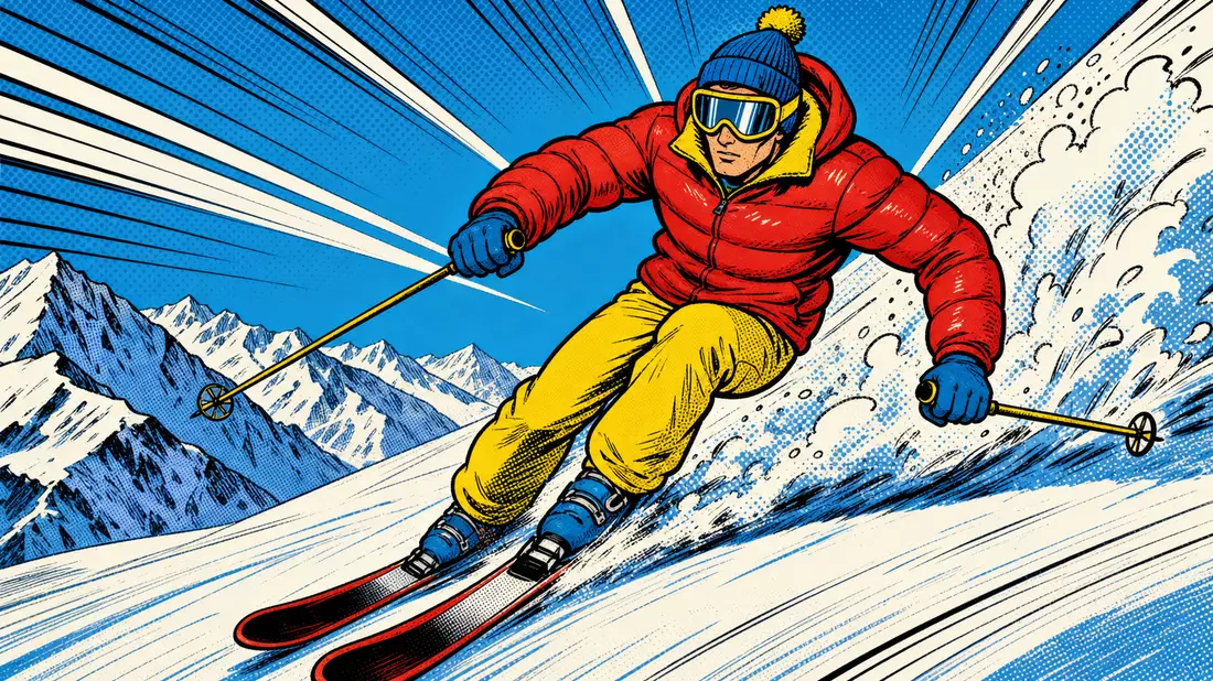 Pop-Art-Comic zeigt Skifahrer in roter Steppjacke bei dynamischer Fahrt im Schnee