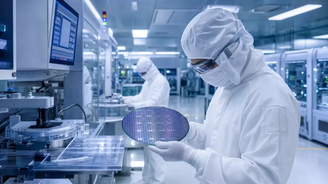 Techniker im Reinraum prüft optischen Sensorwafer in moderner Halbleiterfertigung