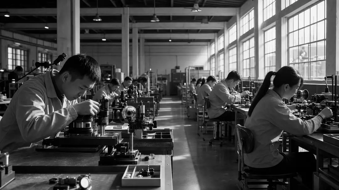 Schwarzweiß-Reportagefoto einer optoelektronischen Produktionshalle mit Beschäftigten