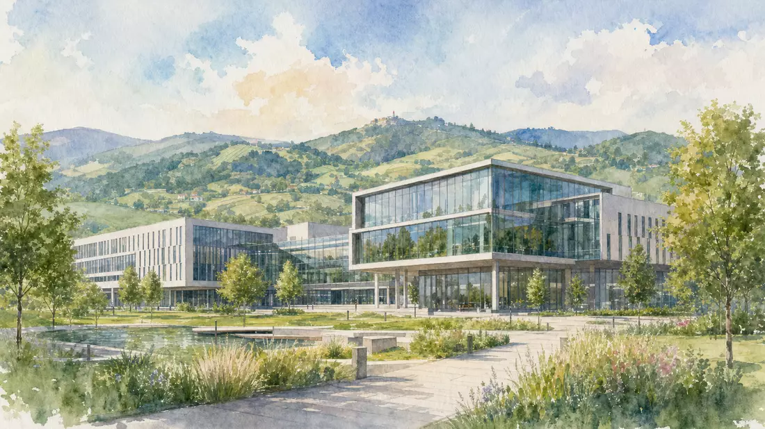 Aquarellmalerei eines modernen Technologie-Firmensitzes mit grüner Hügellandschaft