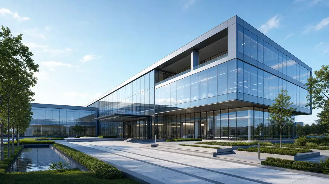 Architektonisches 3D-Render eines modernen Glas-Firmensitzes mit Grünanlagen
