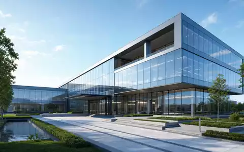 ams-OSRAM AG (ISIN AT0000A18XM4) symbolisiert dieses moderne Architektur-Render eines gläsernen Firmensitzes mit großzügigen Grünanlagen - Foto: THN