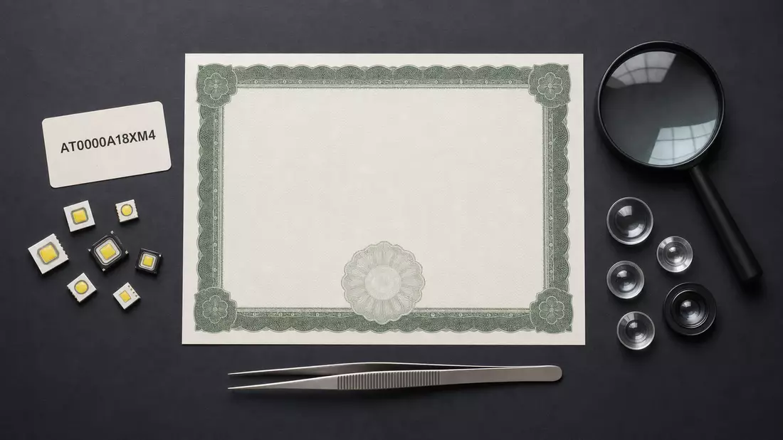Flatlay mit Aktienzertifikat, ISIN-Karte AT0000A18XM4 und optischen Bauteilen