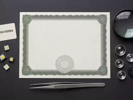 ams-OSRAM AG (ISIN AT0000A18XM4) illustriert dieses Flatlay mit Aktienzertifikat, ISIN-Karte und optischen Sensorchips - Foto: THN