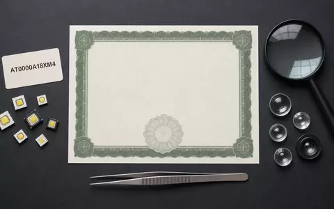 ams-OSRAM AG (ISIN AT0000A18XM4) illustriert dieses Flatlay mit Aktienzertifikat, ISIN-Karte und optischen Sensorchips - Foto: THN