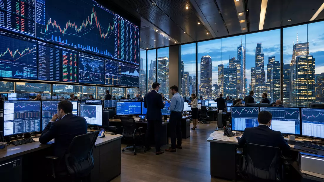 Editorial-Foto eines Trading-Floors mit Bildschirmen und technologiebezogenen Aktiencharts