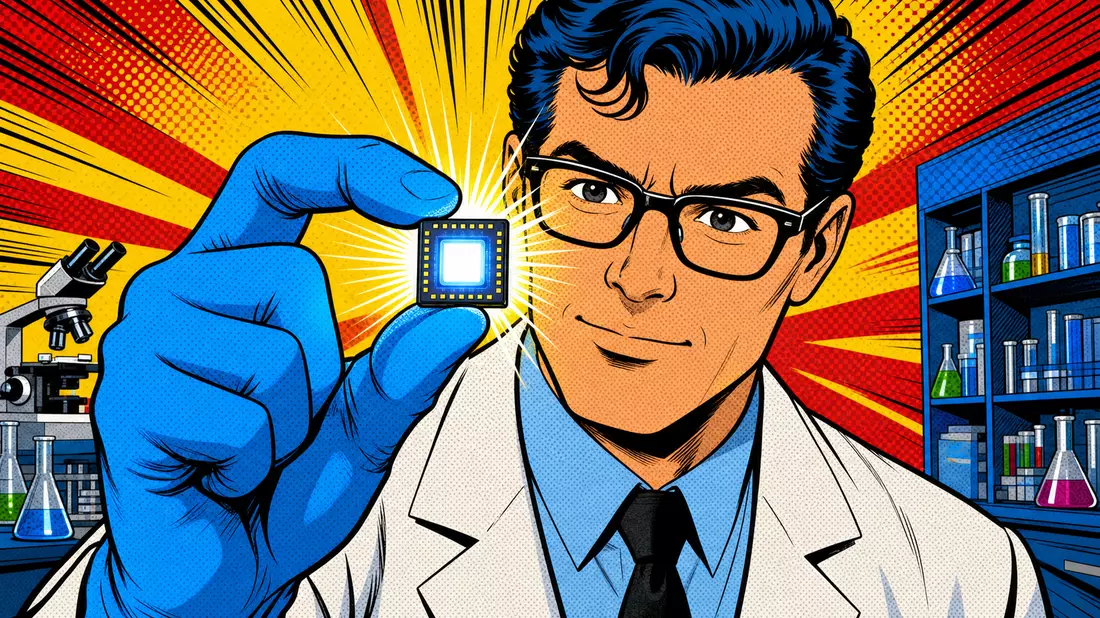 Pop-Art-Comic-Illustration eines Wissenschaftlers mit leuchtendem Sensorchip in der Hand