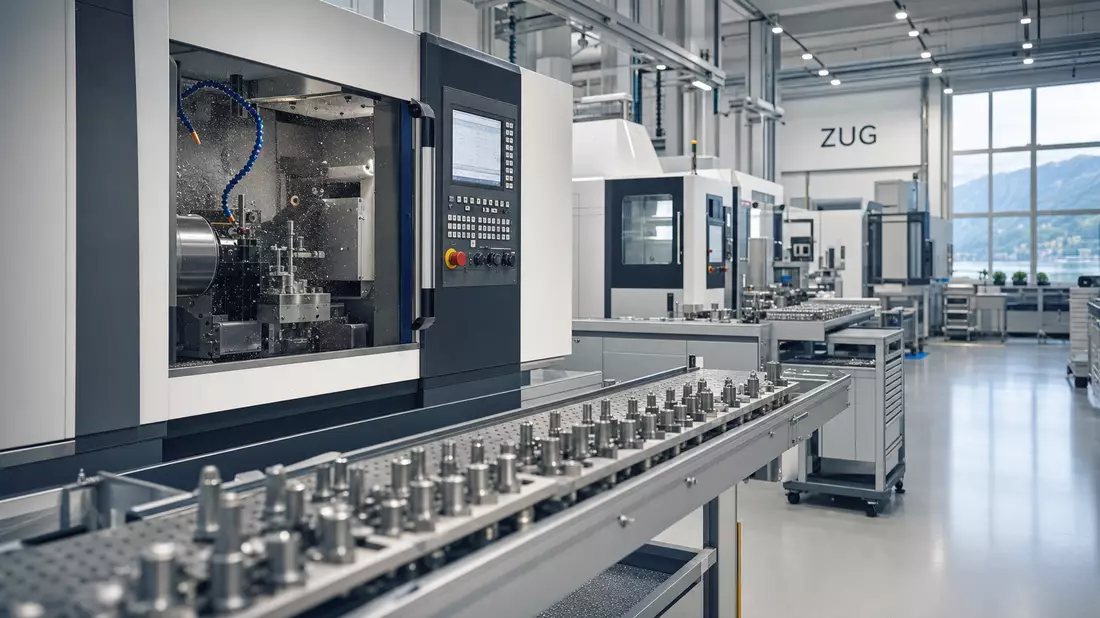Moderne Präzisionsfertigung mit CNC-Maschinen und Metallteilen in heller Industriehalle