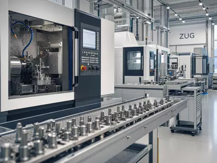 Fotorealistische Fertigungshalle zeigt Präzisionsteile von SFS Group AG, Aktie ISIN CH0239229302, moderne CNC-Maschinen im Werk - Foto: THN