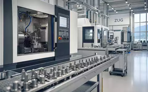 Fotorealistische Fertigungshalle zeigt Präzisionsteile von SFS Group AG, Aktie ISIN CH0239229302, moderne CNC-Maschinen im Werk - Foto: THN