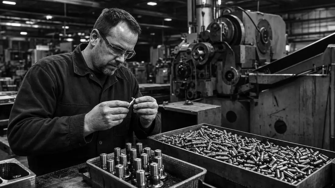 Schwarzweißfoto eines Arbeiters, der Metallschrauben in einer Fabrikhalle prüft