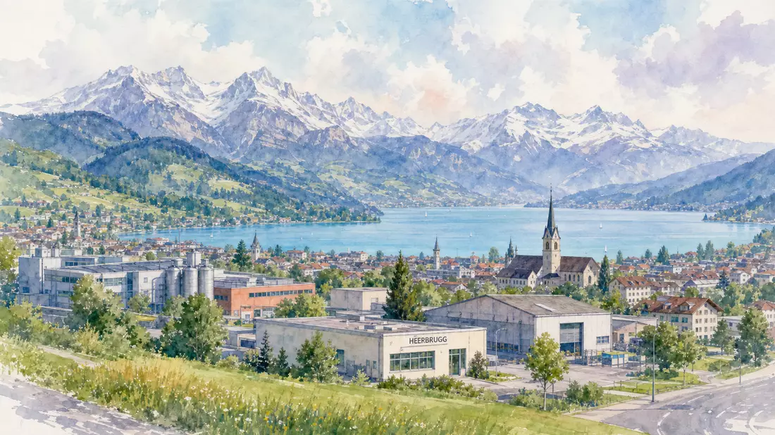 Aquarellbild einer Schweizer Kleinstadt mit See, Bergen und Industriegebäuden
