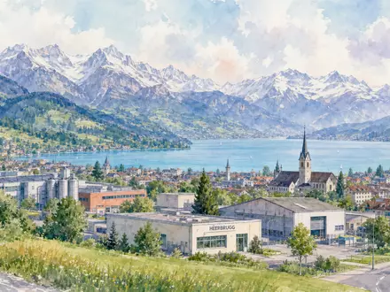 Aquarellmalerei einer Schweizer Standortlandschaft passend zu SFS Group AG, Aktie ISIN CH0239229302, mit See - Foto: THN