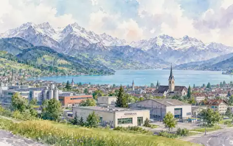 Aquarellmalerei einer Schweizer Standortlandschaft passend zu SFS Group AG, Aktie ISIN CH0239229302, mit See - Foto: THN