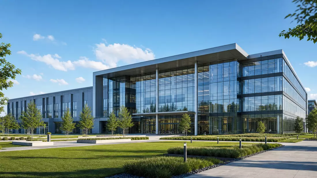 Architekturrender eines modernen Glas- und Stahlgebäudes mit gepflegtem Vorplatz