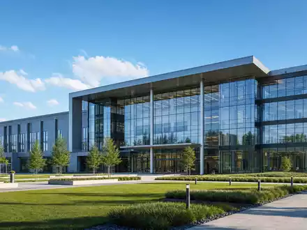 Architektur-Render eines modernen Firmengebäudes im Stil von SFS Group AG, Aktie ISIN CH0239229302, mit Glasfassade - Foto: THN