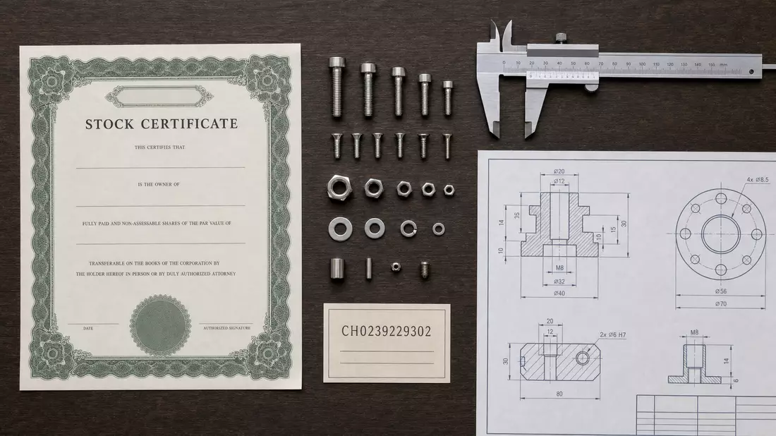 Flatlay mit Aktienzertifikat, ISIN-Karte, Metallschrauben und technischer Zeichnung auf Holztisch
