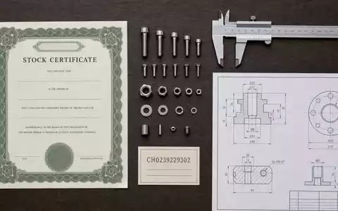 Flatlay-Arrangement mit Aktienzertifikat und ISIN-Karte CH0239229302 symbolisiert Anlage in SFS Group AG mit Präzisionsschrauben - Foto: THN