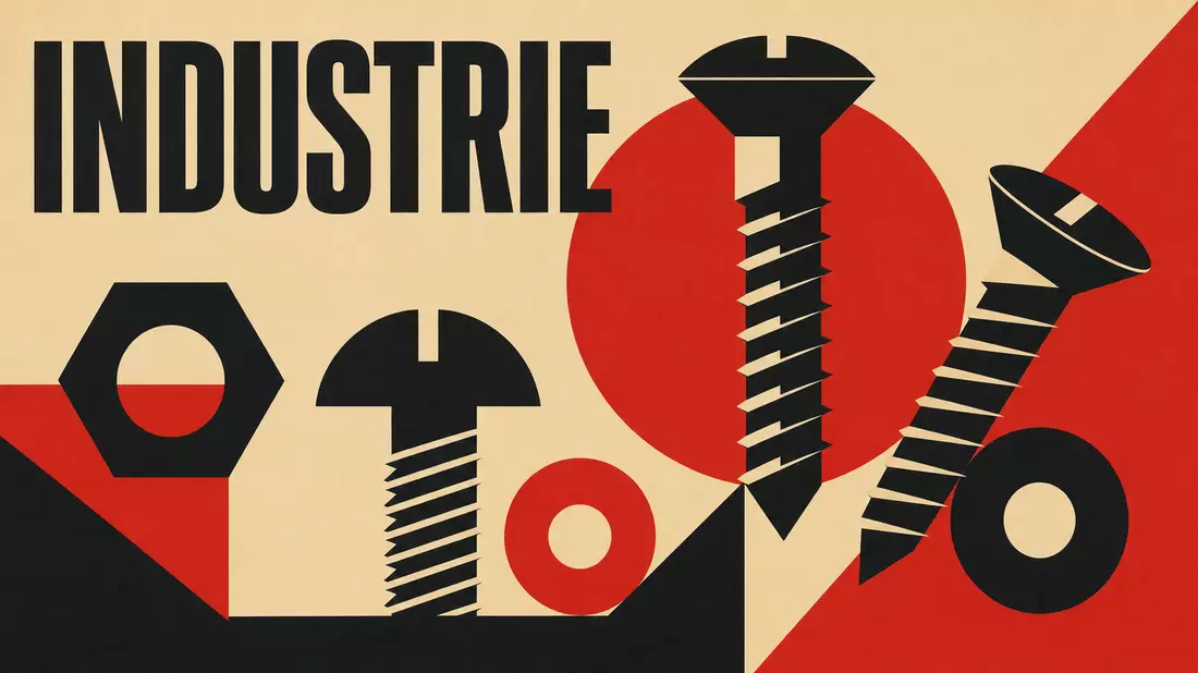 Geometrisches Bauhaus-Poster mit stilisierten Schrauben und Muttern in Rot Schwarz Beige