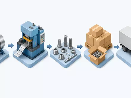 Isometrische 3D-Grafik zeigt Wertschöpfungskette der Umformtechnik von SFS Group AG, Aktie ISIN CH0239229302, bis Lieferung - Foto: THN