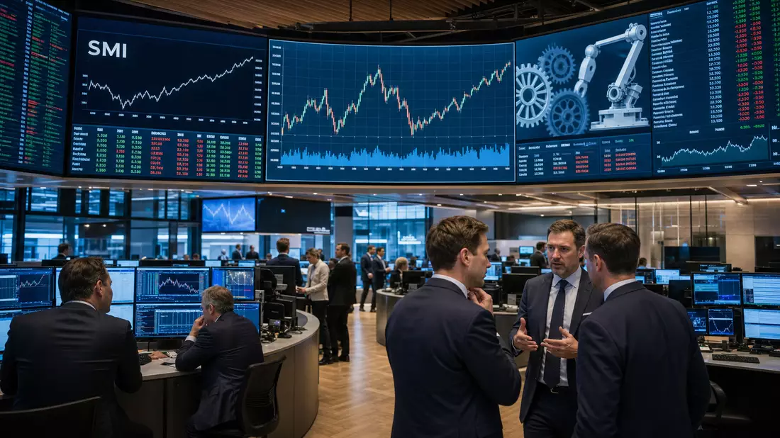 Trader diskutieren vor großen Bildschirmen mit Börsencharts und SMI-Index-Anzeige