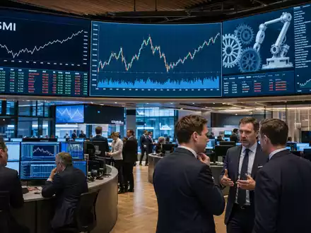 Börsen-Editorial zeigt Handelsraum mit SMI-Index-Charts passend zu SFS Group AG, Aktie ISIN CH0239229302, im Industriesektor - Foto: THN
