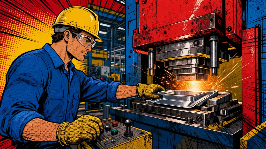 Bunte Pop-Art-Comicillustration eines Arbeiters an einer Metallumformmaschine mit Funken