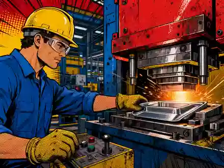 Pop-Art-Comic-Szene zeigt Fabrikarbeiter an Umformmaschine im Branchenumfeld von SFS Group AG, Aktie ISIN CH0239229302, farbintensiv - Foto: THN