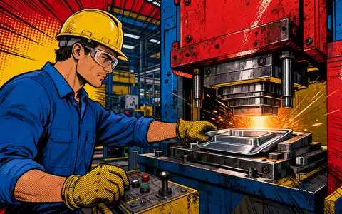 Pop-Art-Comic-Szene zeigt Fabrikarbeiter an Umformmaschine im Branchenumfeld von SFS Group AG, Aktie ISIN CH0239229302, farbintensiv - Foto: THN