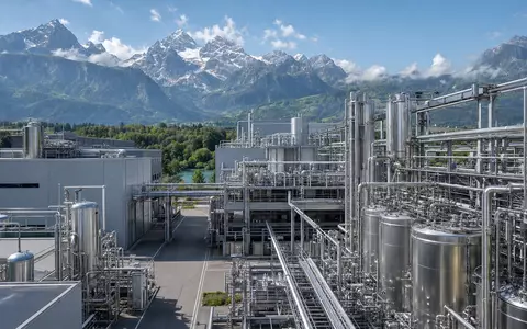 Bachem Holding AG (CH0012530207) betreibt moderne Peptid-Produktionsanlagen mit Bioreaktoren vor Schweizer Alpenpanorama - Foto: THN