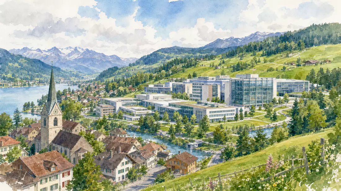 Aquarellmalerei eines Pharma-Campus in einer Schweizer Tal-Landschaft