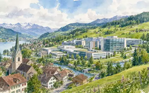 Bachem Holding AG (CH0012530207) sitzt in einer malerischen Schweizer Landschaft, hier als Aquarell dargestellt - Foto: THN