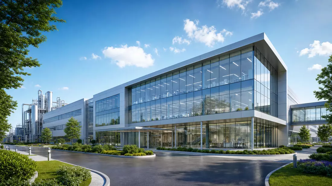 Architektur-Render eines modernen Biotech-Produktionsgebäudes mit Glasfassade