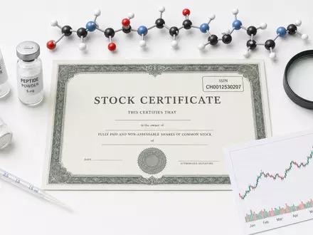 Bachem Holding AG (CH0012530207) Aktienzertifikat liegt neben Peptidpulver, Molekülmodell und Börsenchart im Flatlay-Arrangement - Foto: THN