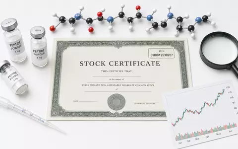 Bachem Holding AG (CH0012530207) Aktienzertifikat liegt neben Peptidpulver, Molekülmodell und Börsenchart im Flatlay-Arrangement - Foto: THN