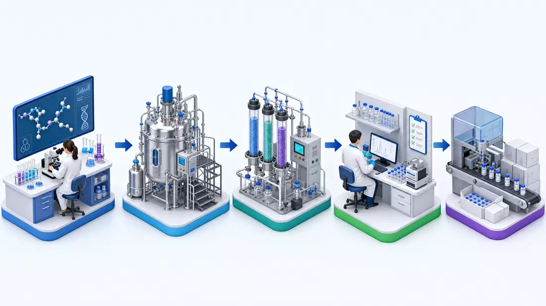 Isometrisches 3D-Diagramm der Peptid-Produktionskette von Labor bis Verpackung