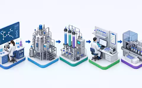 Bachem Holding AG (CH0012530207) deckt die gesamte Peptid-Wertschöpfungskette ab, dargestellt als isometrisches 3D-Prozessdiagramm - Foto: THN